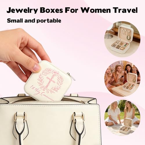 2 Pcs First Communion Travel Jewelry Box, Small Zippered Jewelry Case with Soft Lining, White Square Keepsake Box for Ring...