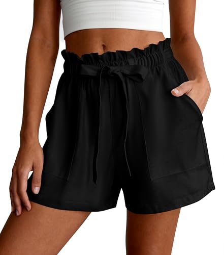 PRETTYGARDEN Summer Shorts for Women Casual Ruffle Drawstring High Waist Wide Leg Comfy Lounge Shorts Beach Cruise Outfits