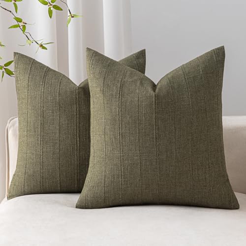 SINYASAN Soft Linen Striped Throw Pillow Covers 18"x18" Set of 2, Olive Green Textured Decorative Pillow Cases for Sofa Be...