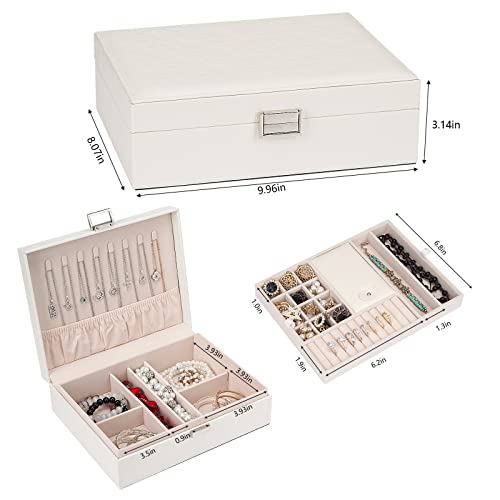 ATAIMEISEN Jewelry Organizer Box for Girls Women - Double Layer Large Travel Jewelry Case with Gift Box/White