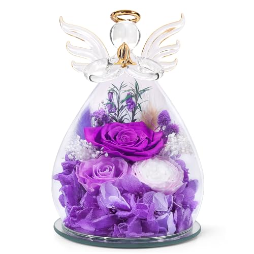 Gifts for Mom Birthday Gifts for Women Preserved Rose Forever Flower in Glass Angel Figurines Fresh Flowers for Delivery A...