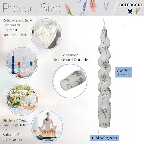 Hyacinth Spiral Candle Sticks Floral Printed Taper Candle Handmade Twisted Candlesticks 7.5 Inch Short Tapered Candles for...