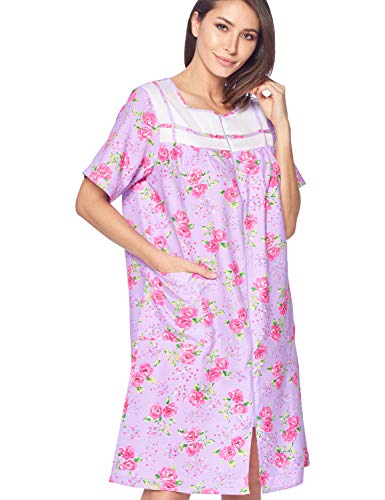 Casual Nights Women's Zipper Front House Dress Short Sleeve Woven Housecoat Duster Lounger Robe with Pockets
