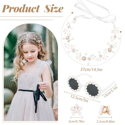 ANBALA 8 Pcs Flower Girl Proposal Set Flower Girls Gifts Including Flower Girl Headpiece Round Flower Sunglasses Pearl Sma...