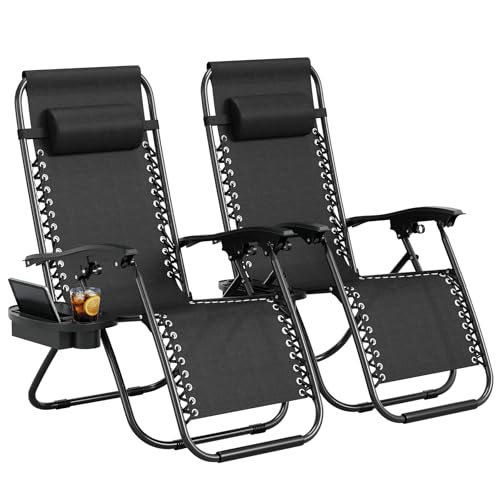 Garvee Zero Gravity Chair Set of 2, Patio Lounge Chair Outdoor with Pillow & Cup Holder Tray, Adjustable Reclining Chair, ...