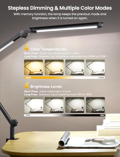 YULINKCO LED Desk Lamp with Clamp, Adjustable Dual Light & Remote Control, Puzzle Light for Table No Glare, 4 Color Modes ...