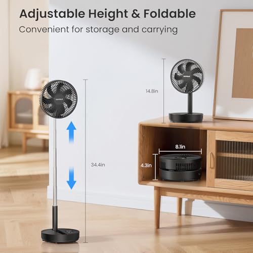 TriPole Portable Standing Fan, 8000mAh Rechargeable Oscillating Fan with Remote, 8.1'' Quiet Pedestal Floor Fan with LED D...