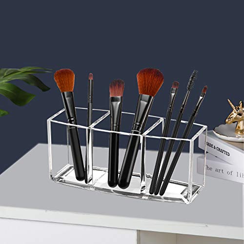Watpot Acrylic Makeup Brush Organizer Holder Clear Cosmetic Brushes Storage with 3 Slots
