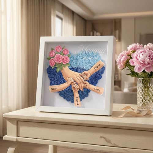 CUSTNEY Personalized Flower Shadow Box Mom Holding Hands- Custom Name &Text Memorial Frame for Mothers' Day, in Loving Mem...