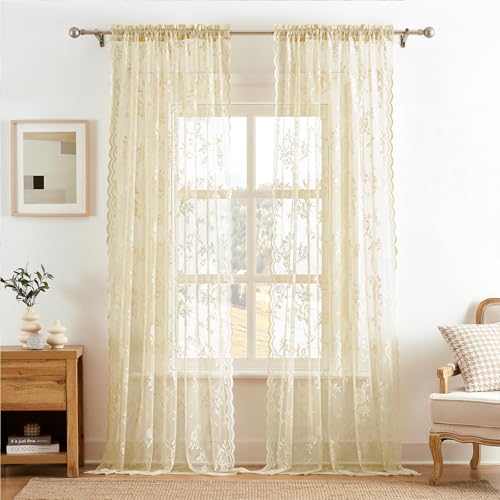SEEKRIGHT Beige Lace Curtains 84 Inches Long Victorian Floral Sheer Curtains for Living Room Bedroom Decor Drapes Rod Pock...