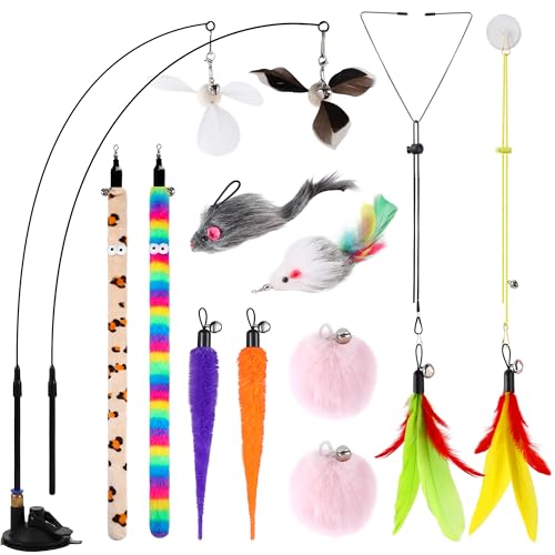 Soarer 4-in-1 Interactive Cat Feather Toys,12Pcs Durable Fishing Pole Cats Feathers Toy Replacements,Enhanced Suction Cup ...