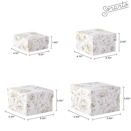 Sorarto Square Gift Boxes with Lids 4pc Set | White Gold Floral Nesting Gift Boxes for Presents Birthday Wedding Bridesmai...
