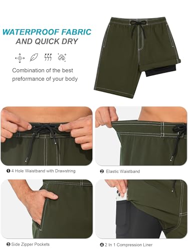 SILKWORLD Mens Swim Trunks with Compression Liner Quick Dry Board Shorts 9" Stretch Bathing Suits with 4-Hole Waistband