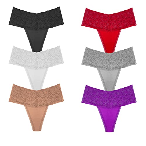 WKFIINM Pack 6 High Waisted Lace Thong for Women Cotton Underwear Plus Size High Rise Retro Tummy Control Thongs Panties