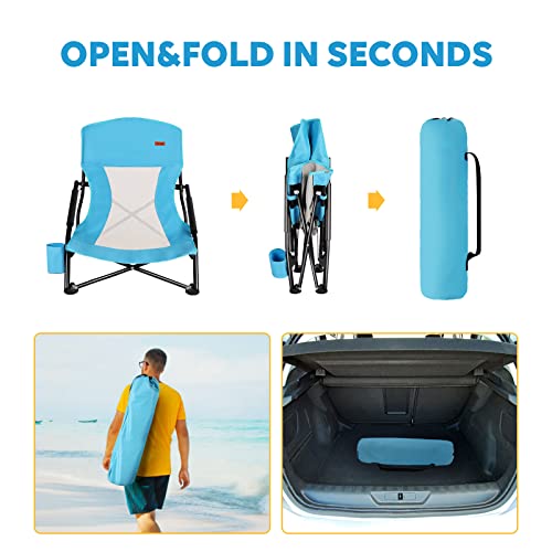 TOBTOS Low Beach Chair for Adults 2 Pack, Low Profile Folding with Cup Holder & Carry Bag, Heavy Duty Chair for Outdoor Sa...