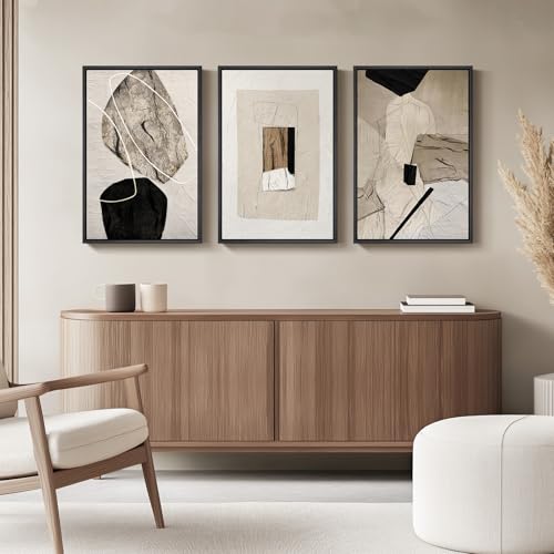 Framed Neutral Abstract Wall Art, Set of 3 Modern Canvas Prints Paintings Artwork for Walls, Minimalist Black and Beige Pi...