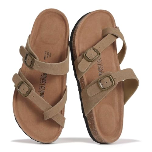 Project Cloud 100% Genuine Leather Womens Sandals -Lightweight Womens Slides Memory Foam Insole & Cork Footbed Sandals Wom...