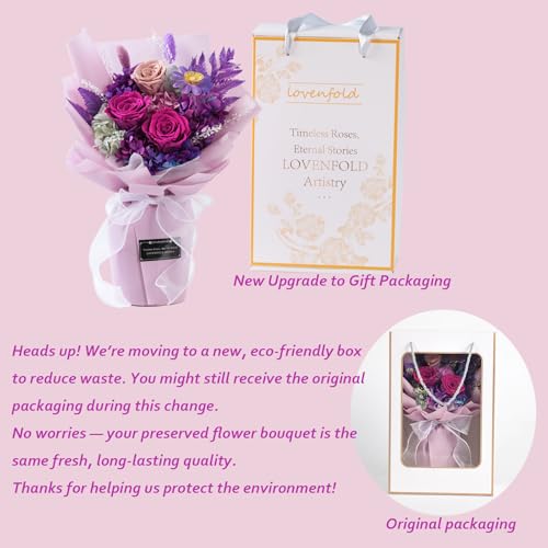 lovenfold Preserved Flowers for Delivery, Purple Rose Bouquets That Last 1-3 Years, Birthday Flowers Gifts for Women Mom G...