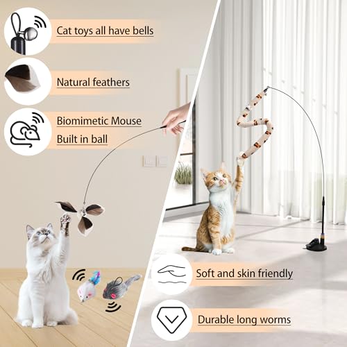 Soarer 4-in-1 Interactive Cat Feather Toys,12Pcs Durable Fishing Pole Cats Feathers Toy Replacements,Enhanced Suction Cup ...