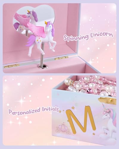Lolalet Unicorn Jewelry Box for Girls, Kids Initial Musical Jewelry Organizer with Spinning Doll, Personalized Birthday Gi...