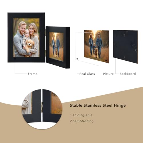 Epecfan 5x7 Double Hinged Picture Frame - Black Foldable Photo Frame with Real Glass, Adjustable Vertical & Horizontal Dis...