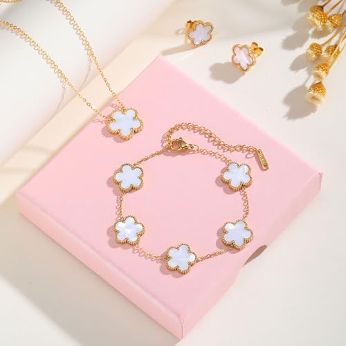 Gold Necklaces Bracelets Earring Set - 18K Gold Plated Flower Bracelet Chain,Stainless Steel Non Tarnish Floral Pendant St...