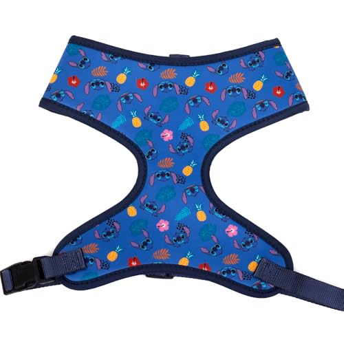Disney Plastic Buckle Pet Harness, Lilo and Stitch Poses and Icons Scattered Blues Black, Fits 11" Neck and 13-17" Chest