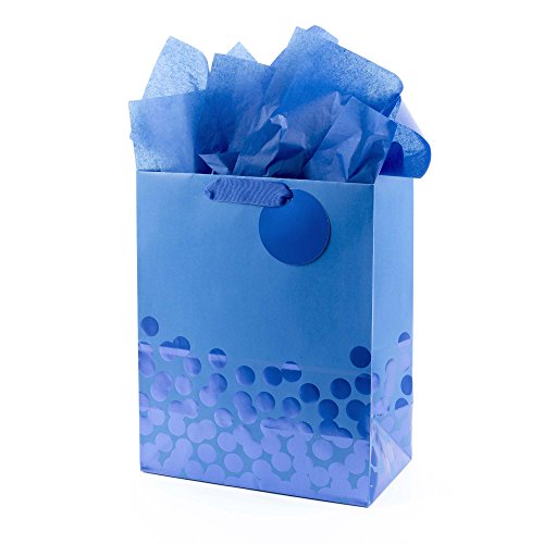 Hallmark 13" Large Gift Bag with Tissue Paper (Blue Foil Dots) for Hanukkah, Christmas, Birthdays, Fathers Day, Graduation...