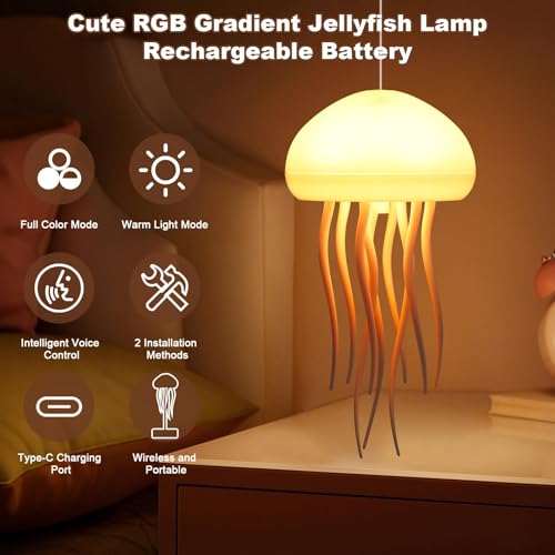 BomKra Jellyfish Lamp, Voice Control Jellyfish Lamp with Dancing Legs, RGB Gradient Jellyfish Bedside Lamp, Rechargeable J...