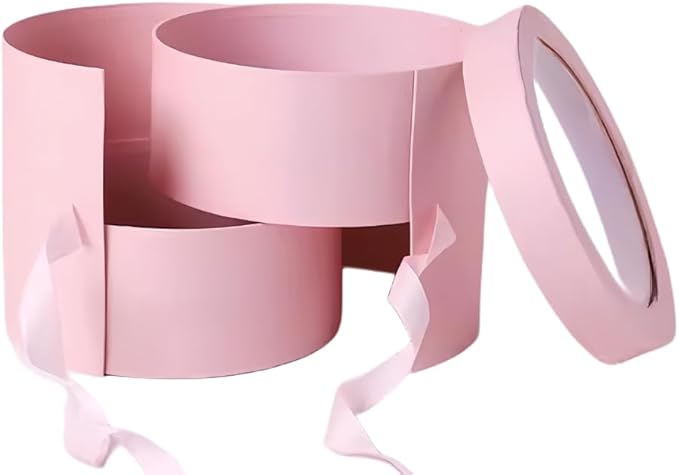 BBJ WRAPS Pink Flower Round Box with Lid for Floral Arrangements, Double Layers Rotating Drawer Flower Bouquet Paper Gift ...