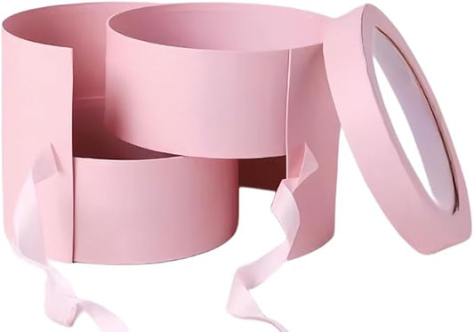 BBJ WRAPS Pink Flower Round Box with Lid for Floral Arrangements, Double Layers Rotating Drawer Flower Bouquet Paper Gift ...