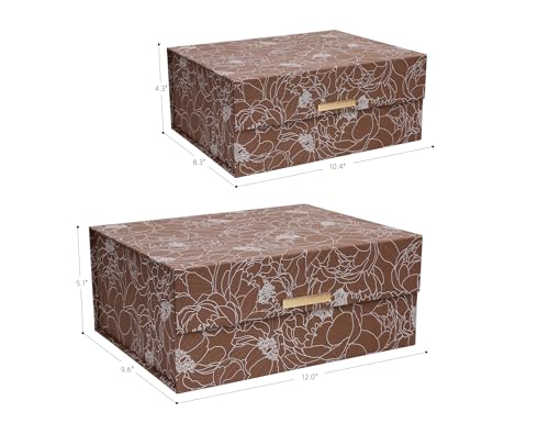 MIZFRUZZY 2-Piece Decorative Keepsake Storage Boxes with Lids, Warm Cocoa Brown Floral Line Art Design, Memory Boxes with ...