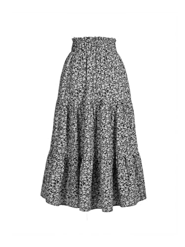 MSLG Women's High Elastic Waist Midi Skirt Casual Summer Trendy Tie Front Flowy Ruffle Floral Print A line Skirts 626