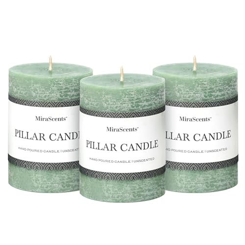 3x4 Inch Sage Green Pillar Candles - Set of 3, Unscented, Long Burning, Smokeless Dripless Candles for Spring Home Decor, ...