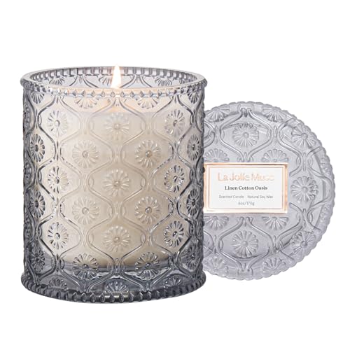 LA JOLIE MUSE Linen Cotton Oasis Scented Candle - Cotton, Jasmine & Warm Musk | 6 oz Natural Soy Wax | 40 Hours Clean Burn...