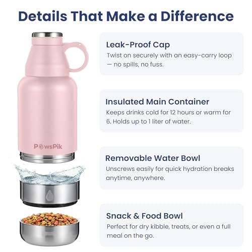PawsPik 32oz 3-in-1 Travel Dog Water Bottle & Bowl Set – Stainless Steel Vacuum-Insulated Bottle with Detachable Food & Wa...