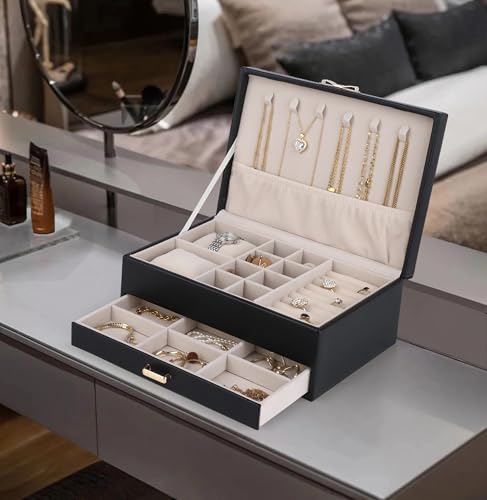 HofferRuffer Jewelry Box with Drawer for Women‌ Girls, Faux Leather Storage Jewelry Organizer Jewelry Case with Two Layers...