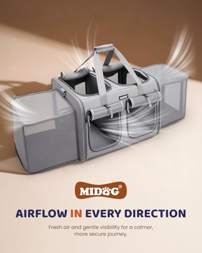 MIDOG 2 Cat Carrier with Litter Box, Expandable Dual Compartment Cat Carrier for 2 Cats, Large Soft Sided Double Pet Carri...