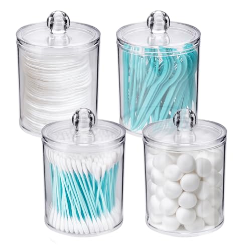 WEISHI 4 Pack Qtip Holder Dispenser - Cotton Ball, Swab, Round Pads, Floss , Small Clear Plastic Apothecary Jar Containers...