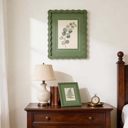 ScandiNest Scalloped 11x14 Picture Frame, Real Glass Wood Frame with Reversible Mat for 5x7/8x10 Prints, Wavy Edge for Wal...