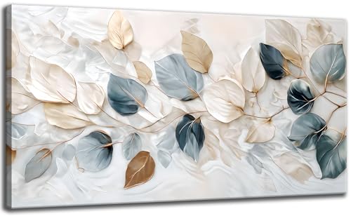 Large Living Eucalyptus Leaf Canvas Wall Art Teal White Botanical Abstract Decor painting Pictures Modern Nordic Plant Flo...