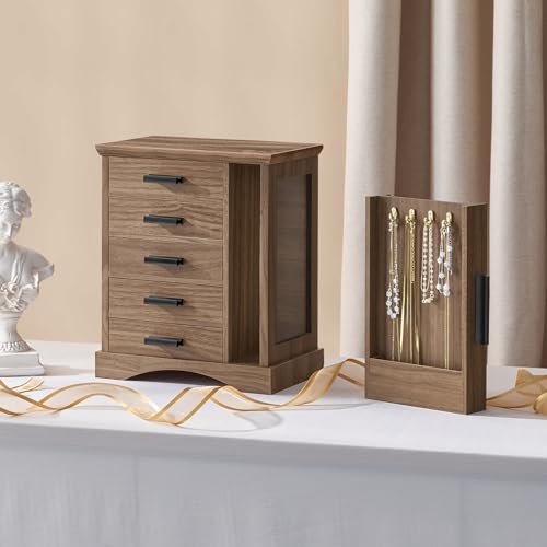 HOOBRO Jewelry Box for Women, Jewelry Organizer with Arc-Shaped Bottom, Wooden Jewelry Box, Side Transparent Window, Verti...