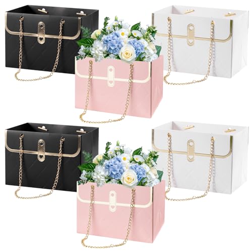 BQMEZRNUS 6 Pcs Flower Paper Gift Bags with Metal Chain, Bouquet Storage Box, Portable Florist Handbag for Wedding, Valent...