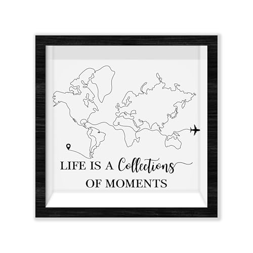 Black Travel Shadow Box Frame with Slot, Life is A Collections of Moments Boxes Frames for Fund, 8x8 Memory Box for Keepsa...