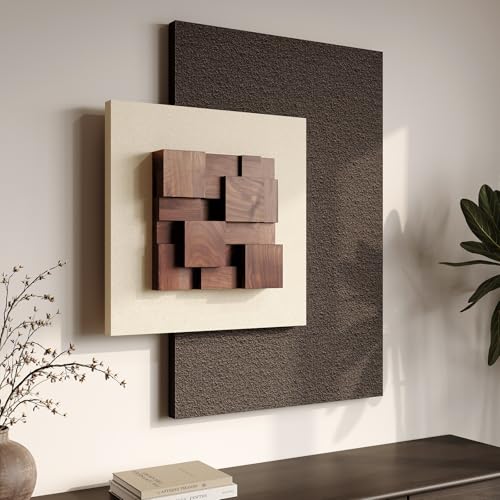 3D Wood Textured Large Neutral Abstract Wall Art, Modern Beige Brown Geometric Paintings Artwork for Walls-Minimalist Wood...