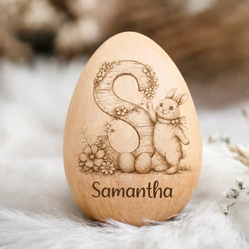 Personalized Wooden Easter Egg with Initial and Name, Custom Engraved Bunny & Floral Wood Egg, Unique Spring Holiday Gift ...