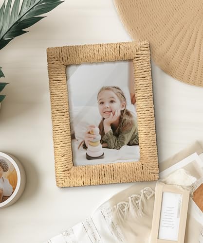 takfot Boho 5x7 Picture Frame, Natural Boho Rattan Photo Frame with Real Glass Paper Rope for Wall and Tabletop Display Mo...