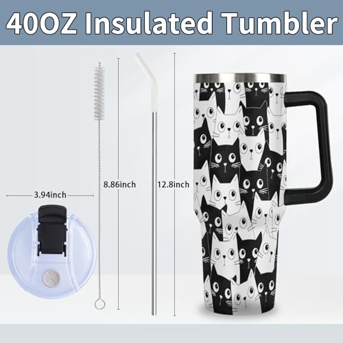 OMFUNS 40 oz Insulated Tumbler with Handle - Funny Black Cat Stainless Steel Metal Water Bottle with Lid and Straw, Everyt...