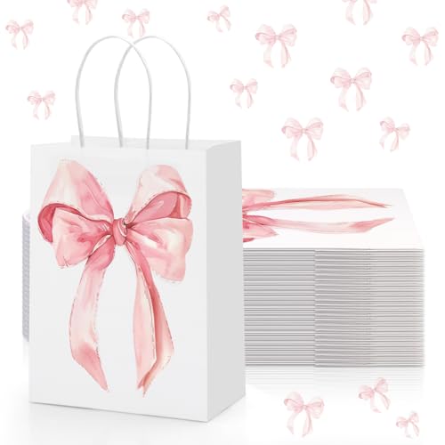 Draupnir 24PCS Coquette Pink Bow Paper Gift Bags, Party Favor Bags, Pink Goodie Bags for Birthday&Bachelorette Party Decor...