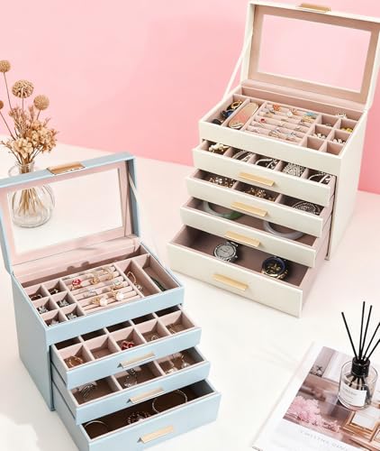 Irosiy 5 Layer Jewelry Box for Women, Glass Lid Jewelry Organizer with 5 Drawers for Necklaces Rings Earrings Bracelets(Pe...